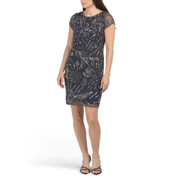 PISARRO NIGHTS Navy Sequin And Bead Embellished Mini Cocktail Dress